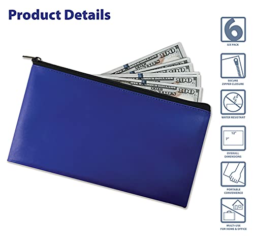 Better Office Products 6 Pack, Zippered Security Bank Deposit Bag, Leatherette, Cash Bag, Coin Bag, Utility Pouch, Blue, 6 Bags