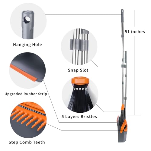 Broom and Dustpan Set for Home, 51" Long Handle Standing Pan Grey Orange - color: Orange and Grey