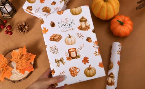 Sikiweiter Fall Pumpkin Wrapping Paper Roll, 17 Inches x 16.5 Feet, Autumn Pumpkin Plaid Bow Maple Leaf Cozy Gift Wrap for Thanksgiving and Fall Harvest(Autumn) - color: Autumn