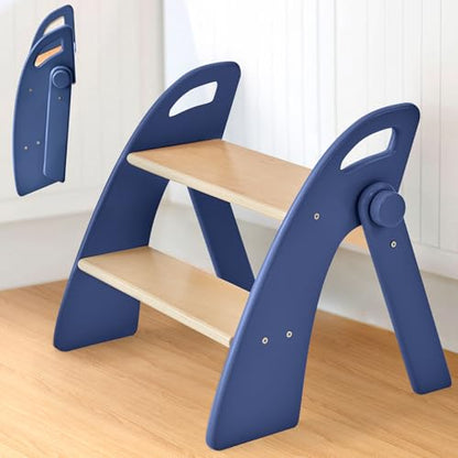 Step Stool for Toddlers, Foldable Wooden 2 Step Stool, Toddler Step Stool for Bathroom Sink & Potty Training, Kitchen Helper with Handles and Non-Slip Pads - color: Dark Blue