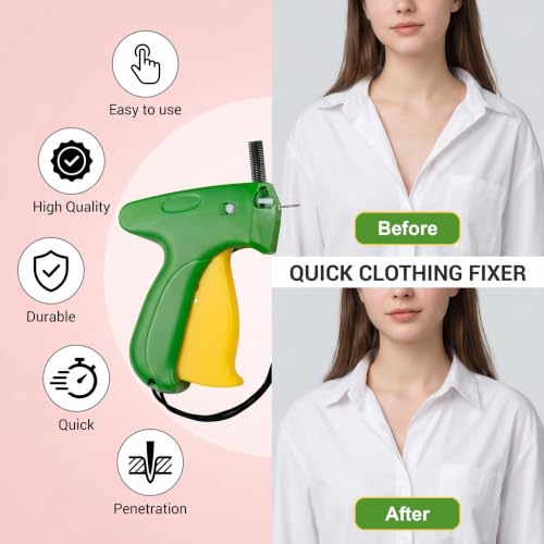 Handheld Stitch Tag Gun for Clothes, Quick Clothing Fixer, Tagging, Sewing Kit Includes 6 Needle, with 1000 Black Fasteners & 1000 White Fasteners，Green Yellow New Version