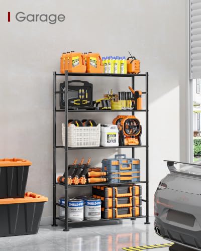 Sakugi 5-Tier Garage Shelving Unit - Heavy-Duty Metal Storage Shelves, Anti-Tip with Leveling Feet, Stable Storage for Kitchen, Pantry and Living Room Organization (Black, 30.7" x 10.6" x 58")