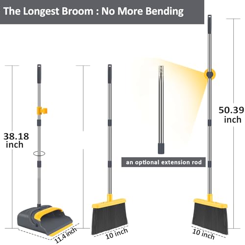 Upgrade Broom and Dustpan Set, Broom with Dustpan Combo Set, Self-Cleaning with Dustpan Teeth, Indoor&Outdoor Sweeping, Stand Up Broom and Dustpan (Gray&Yellow) - color: Gray&yellow