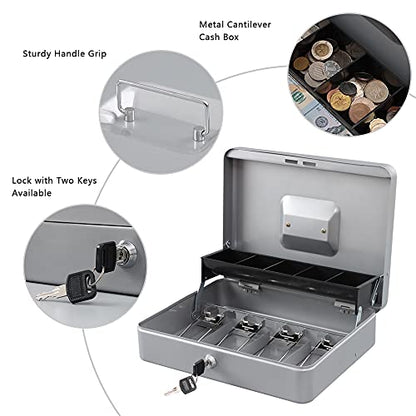 KYODOLED Locking Cash Box with Lock,Money Box with Cash Tray,Lock Safe Box with Key Money Saver,Money Saving Organizer,11.81Lx 9.45Wx 3.54H Inches,Lightgrey XL Large - color: Lightgrey