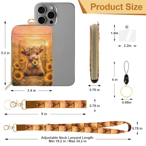 Highland Cow Sunflower Lanyard Wallet Credit Card Holder Small Wallet for Women, Slim RFID Blocking ID Badge Holder Keychain with Zipper Coin Pocket, Thin Travel Card Case with ID Window Ladies Gifts - color: Highland Cow Sunflower Yellow