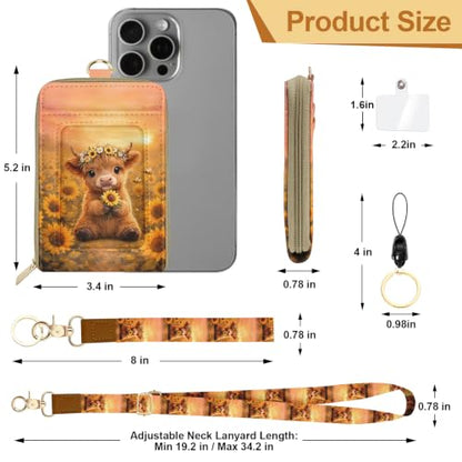 Highland Cow Sunflower Lanyard Wallet Credit Card Holder Small Wallet for Women, Slim RFID Blocking ID Badge Holder Keychain with Zipper Coin Pocket, Thin Travel Card Case with ID Window Ladies Gifts - color: Highland Cow Sunflower Yellow