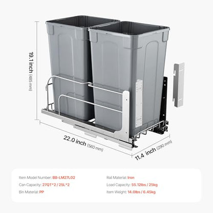VEVOR Pull-Out Trash Can, 27 QT x2 Double Under Mount Kitchen Waste Container, Heavy Duty Garbage Recycling Bin with Door Kit and Soft Close Slide, for Kitchen Cabinet, Sink, Under Counter (Grey) - size: 54 QT (27 QT x 2), style: With Soft Close