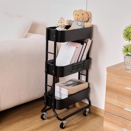 MAX Houser Slim 3-Tier Rolling Utility Cart with Extra Hook, Black - color: Black, size: 3-Tier Narrow Cart