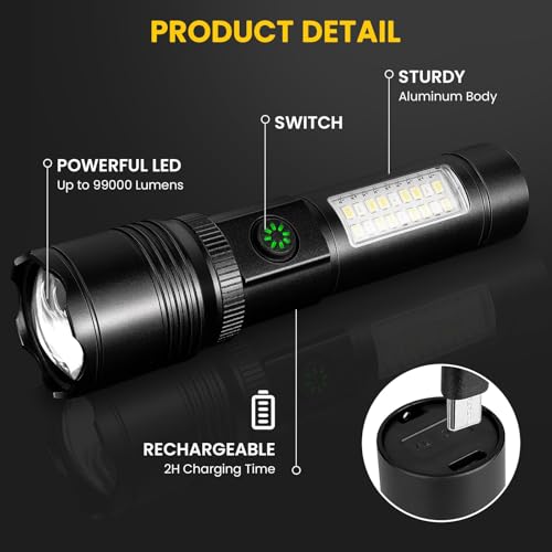 Flashlight Rechargeable Flashlights High Lumens, 99,000 LM Bright LED Flashlight Powered Flash Light, USB Rechargeable Flashlights & Waterproof Handheld Flash lights for Home Camping Hiking(2 Pack)