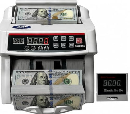 CDM-155 Advanced Money Counter Machine with UV/MG/DD/DBL/HLF/CHN Counterfeit Detection - Add and Batch Modes - Fast and Accurate Cash Counter