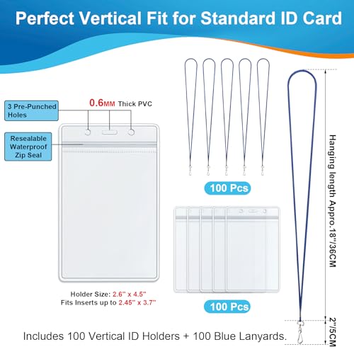 Breakaway Lanyards for ID Badges 100 Pack with Clear Vertical Badge Holders - color: Breakaway Blue, size: 100 Pack