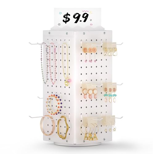 Urban Deco 360° Rotating Pegboard Display Stand with Signage, 4-Sided Spinning Peg Board Stand with 24 Hooks for Jewelry, Earring & Keychain Holder Displays for Craft Shows & Vendor Events (White) - color: White