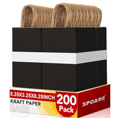 XPCARE Black Paper Bags with Handles, 200Pcs 5.25x3.25x8.25'' Kraft Bags - color: Black