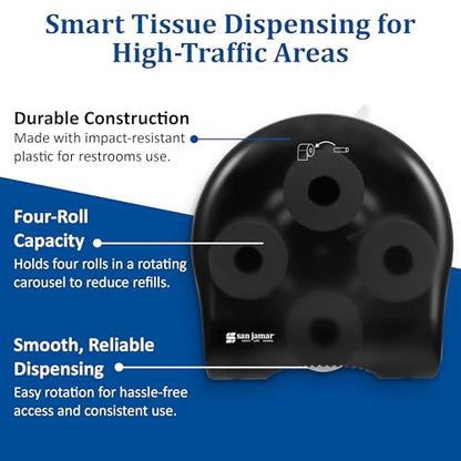 San Jamar Classic Carousel Tissue Dispenser with 4-Stations that hold 4 Rolls for Public Restrooms, Black Pearl