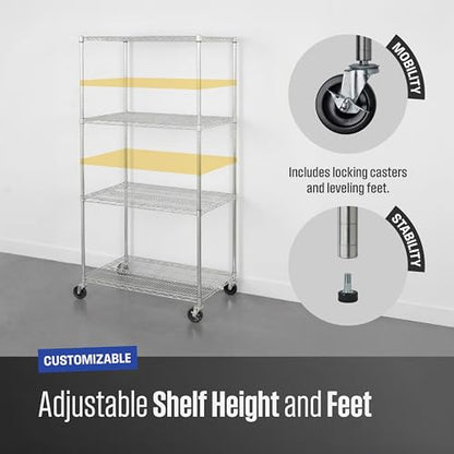 SafeRacks NSF 4-Tier Heavy Duty Steel Wire Rack w/Wheels (36"x24"x72") - color: Silver, size: 24"x36"x72" 4-Tier