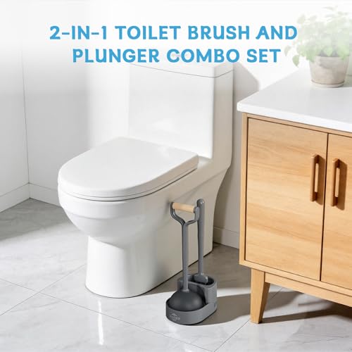 Sellemer Toilet Brush and Plunger Set, Curved Head for Deep Cleaning, Grey - color: Gray