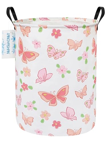 Round Laundry Basket Collapsible Storage Hamper Organizer Pink Butterfly - color: Pink Butterfly