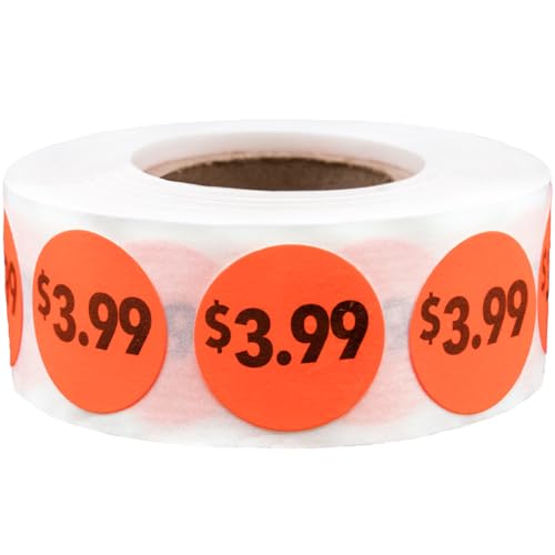 Fluorescent Red 3.99 Circle Dot Stickers, 3/4 Inch Round Price Labels, 500 Total Adhesive Stickers on a Roll for Retail Pricing, Inventory, Sales, and Promotions – Made in The USA - color: $3.99