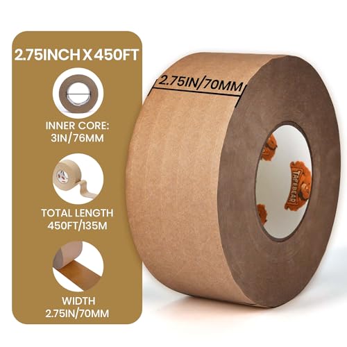 TAPEBEAR Water Activated Tape 2.75inch x 450ft Reinforced Packing Tape - size: 2.75inch x 450ft