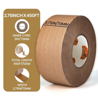 TAPEBEAR Water Activated Tape 2.75inch x 450ft Reinforced Packing Tape - size: 2.75inch x 450ft