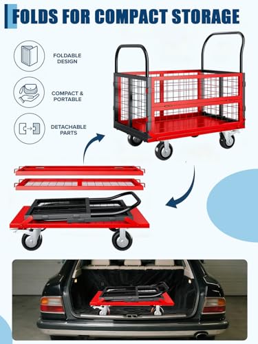 Garvee 6-in-1 Platform Truck Cart, 1800lbs Capacity Flatbed Cart with Cage - color: Black Red
