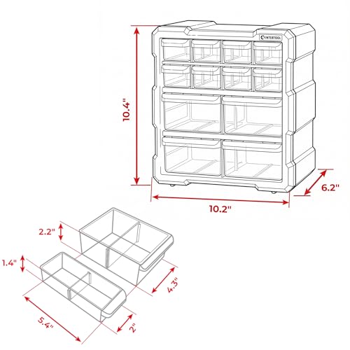 INTERTOOL Small Parts Organizer - 12 Removeable Bin Drawers - Tool Box for Storing Hardware and Garage Organization - For Screws, Bolts, Legos, Arts and Crafts - 10” x 10” x 6” - BX08-4024 - style: 12 Drawers