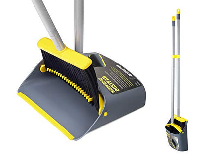 Long Handled Dustpan and Brush, Broom and Dustpan Set, Household Dust pan Combo with 54 Inch Handle for Indoor Outdoor Household Cleaning and Sweeping (Yellow) - color: Yellow