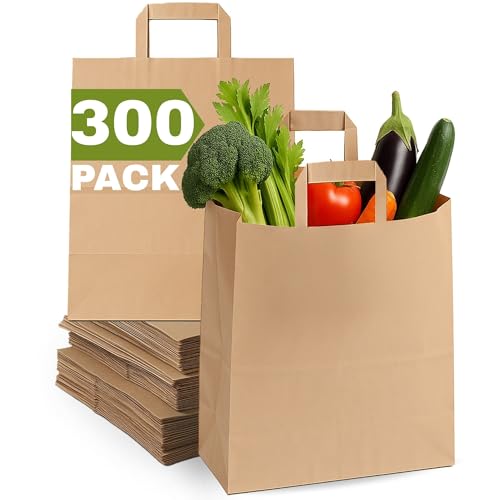 Qutuus Paper Grocery Bags with Handles 12x7x14 Inches - 300 Pack Heavy Duty Large Brown Kraft Paper Bags for Shopping, Takeout, Retail, Grocery, Gifts - Recycled Paper Sacks - size: 12x7x14 inches (Pack of 300)