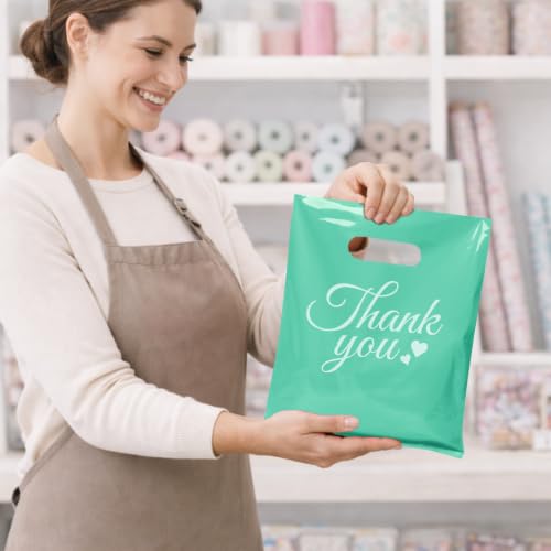 SwiftJoys 100 Count Teal Thank You Bags with Handles, 9 x 12 Inch - color: 06-Teal TY, size: 9"x12"