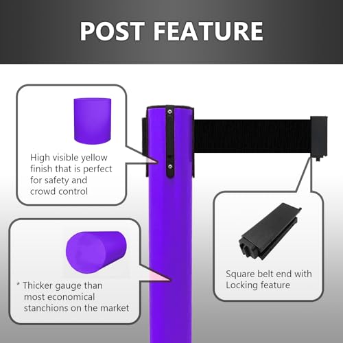 VIP Crowd Control Retractable Belt Queue Safety Stanchion Barrier Set, 36" Ht, 78" Belt + Wall Bracket (2 Purple Posts Purple Belt) - color: 2 Purple Posts Purple Belt