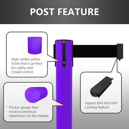 VIP Crowd Control Retractable Belt Queue Safety Stanchion Barrier Set, 36" Ht, 78" Belt + Wall Bracket (2 Purple Posts Purple Belt) - color: 2 Purple Posts Purple Belt