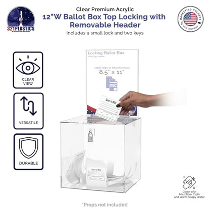 Marketing Holders 12 Inch Locking Ballot Box with Removable 8.5" x 11" Header Sign Holder Clear Acrylic Cube Suggestion or Contest Bin - size: 12"W x 12"H Clear
