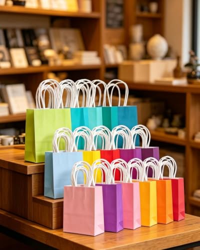 qiqee 100Pcs Paper Gift Bags with Handles - 4.5"×2.5"×6" Mini Party Favor Bags - 24 Solid Colors - size: 1 Count (Pack of 100)