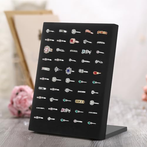 KUKUVR Velvet L-Shaped 50 Slots Ring Earring Holder Display Stand (Black) - color: Black