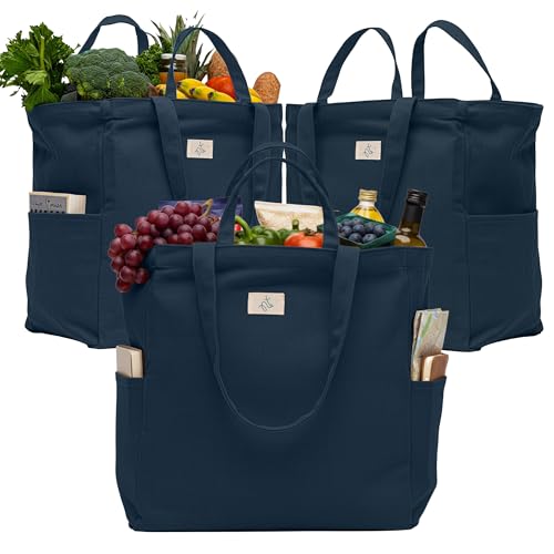 Nook Theory 3-Pack Reusable Grocery Bags - Heavy Duty, Large 12 Oz Cotton Canvas Reusable Shopping Bags With Pockets, 100% Cotton Cloth Grocery Totes, Foldable Multi Compartment (Deepblue) - color: Deep Blue