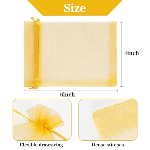 Sukh Gold Organza Bags 4"x6" - 100PCS Small Mesh Drawstring Gift Bags - color: Gold, size: 1 Count (Pack of 100)