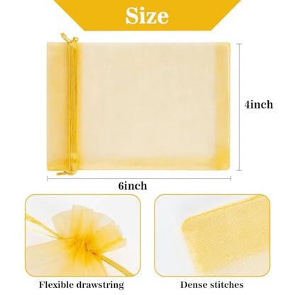 Sukh Gold Organza Bags 4"x6" - 100PCS Small Mesh Drawstring Gift Bags - color: Gold, size: 1 Count (Pack of 100)