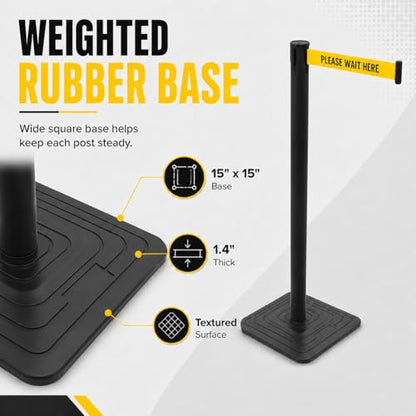 4 Pack Crowd Control Stanchions with 10 FT “Please Wait HERE” Retractable Belts, Black Queue Barrier Posts with Weighted Rubber Bases, 4-Way Connection for Line Control - color: Please Wait HERE, size: Rectangular Base
