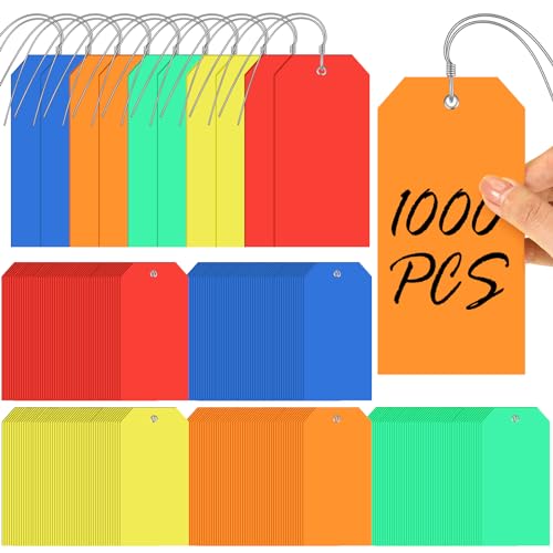 Pinkunn 1000 Pack Plastic Shipping Tags with Iron Wires 6.3 x 3.15 Inch Colorful Waterproof Hang Tags Heavy Duty Labels with String Blank Label for Name Price Luggage Clothing Inventory Luggage Bag