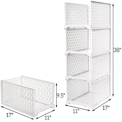 AVLA 4 Pack 38" Stackable Plastic Storage Basket, Plastic Foldable Closet Organizer Storage Bins, Wardrobe Storage Box Clothes Drawer Shelf Container for Cupboard Bedroom Dorm Bathroom Kitchen Office