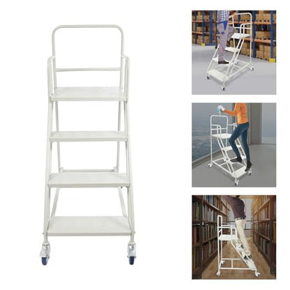 4 Step Rolling Stairs with Wheels, Heavy Duty Industrial & Warehouse Ladder, 881LBs Capacity Mobile Work Platform with Non-Slip Pedals & 3-Sided Handrails, Easy Move & Locking PU Wheels (39.4" H)