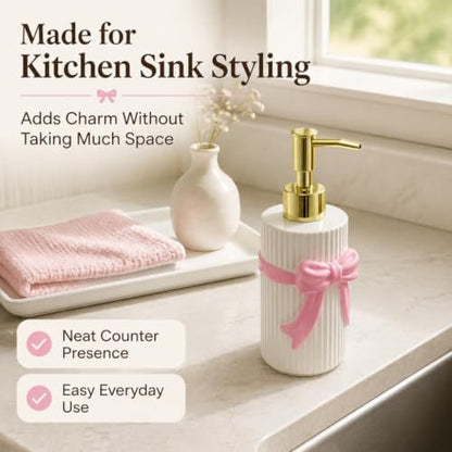 Ceramic Pink Bow Soap Dispenser, Cute Coquette Pump Dispenser, Refillable Hand Lotion Bottle, Preppy Accessories for Bathroom Kitchen Decor