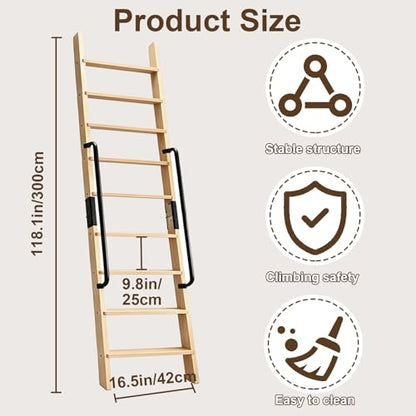9.8FT Solid Wood Rolling Library Ladder, Industrial Style Loft Ladder with Double Handrails, 9 Steps Attic Ladder, 660LBS High Capacity, for Attic, Warehouse, Library, Bookshelf, Kitchen (9.8ft) - size: 9.8ft