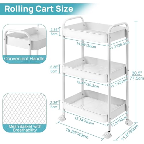3 Tier Metal Rolling Cart with Lockable Wheels Storage Organizer