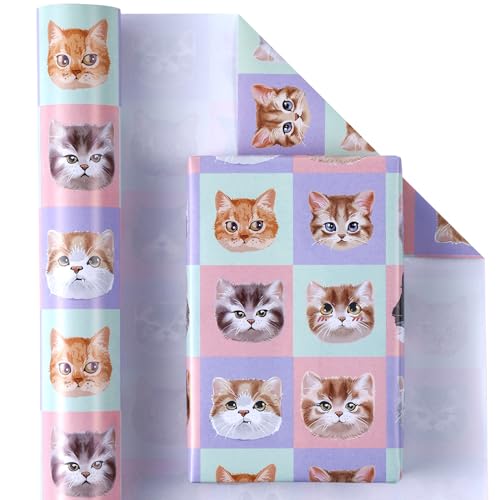 WRAPAHOLIC Cat Wrapping Paper - Mini Roll - 17 Inch X 33 Feet - Adorable Cats Design for Cat Lovers, Birthday, Party, Holiday - color: Cat Heads