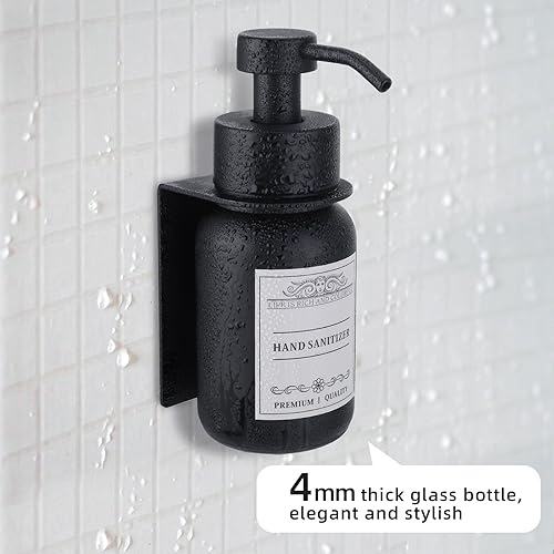 Black Glass Soap Dispenser Wall Mount for Bathroom with Pump and Drill-Free Holders - 8.5 Oz Hand Soap Dispenser, Shower Dispenser with Waterproof Labels - color: Black Set of 1