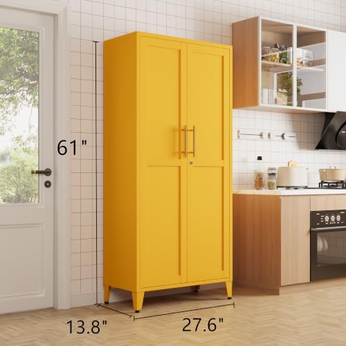 61" Tall Yellow Lockable Metal Storage Cabinet, Farmhouse Pantry Cabinet with 2 Square-Pattern Doors & 3 Adjustable Shelves, Freestanding Cupboard with Legs for Home, Office, Laundry, Entryway - color: Mustard, style: Cabinet-61"H-DL
