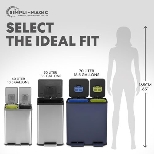 Simpli-Magic 70 Liter / 18.5 Gallon Rectangular Hands-Free Dual Compartment Recycling Kitchen Step Trash Can with Soft-Close Single Lid, Stainless Steel (40L x 30L Capacity), Blue - color: Blue, size: 70 Liter