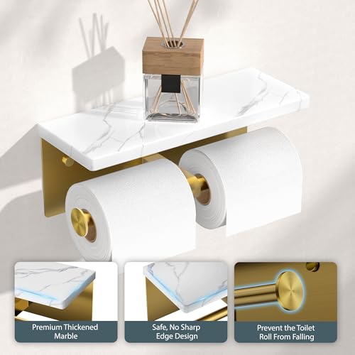 FORIOUS Double Marble Toilet Paper Holder with Phone Shelf, Commercial - color: Brushed Gold, size: Double Roll