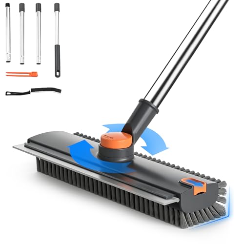 Floor Scrub Brush with Long Handle, 4 in 1 Shower Scrubber with Floor Squeegee and Heavy-Duty Stiff Bristle Push Broom for Cleaning Shower Bathroom Patio Pool Kitchen Wall Deck Tile Garage - color: Gray